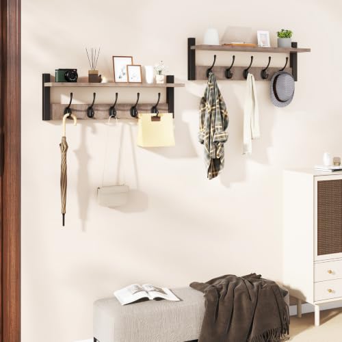 47.2" Coat Rack Wall Mount with Shelf and 10 Hooks, Silver Gray UHWS004Y-2 | 2 Pack Coat Hooks Wall Mount, Wood Wall Mounted Coat Rack with Hooks, Coat Hanger Wall Mount, Wall Hooks for Hanging - color: Silver Gray