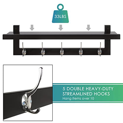 SMIBUY Coat Hooks with Shelf Wall-Mounted, 29.2 Inch Entryway Coat Rack for Wall, Bamboo Hanging Shelf with 5 Double Metal Hooks for Bathroom, Bedroom, Kitchen, Living Room, Mudroom (Black+Silver) - color: Black+Silver