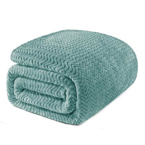 Exclusivo Mezcla Soft Fleece Blanket King Size for Bed, Sofa, Celadon | 90"x104" Breathable Lightweight Flannel Blanket for Summer, Plush Cozy Jacquard Wave for Home Decor - color: Celadon, size: King ( 90x104 IN )