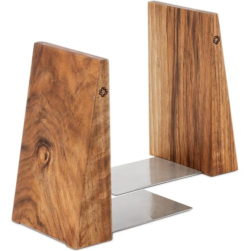 TILISMA Book Ends for Shelves - Handmade Wooden Bookends with Metal Base, Walnut Tree - Sturdy Book Holders for Heavy Books - Fancy Modern Decorative Book Accessories to Hold Books Firmly on Bookshelf - color: Walnut