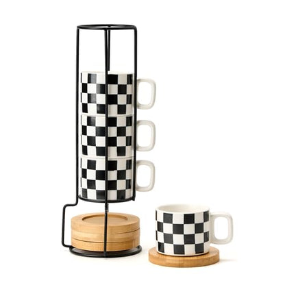LUKA Porcelain Stackable Black and White Checkered Espresso Cups with Saucers and Metal Stand, 4 Ounce Small Ceramic Demitasse Cups Set for Coffee Drinks, Latte, Tea - Set of 4, White Interior - color: 4WG-White & Black