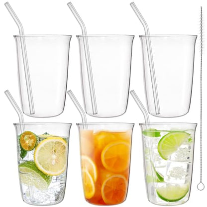 6 Pieces Drinking Glasses with Straw, 16 Oz Clear Water Glass Set | Lead-free Highball Glass Cup Kitchen Glassware for Juice, Beverage, Cocktail, Ice Tea, Coffee, Soda
