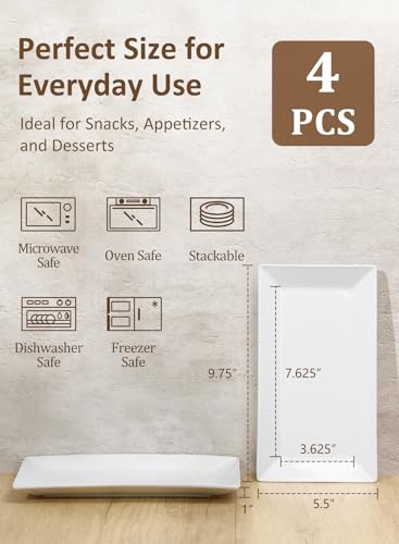 Porcelain Rectangular Dinner Platters, 9.75 Inch Rectangle Serving Plates for Sushi, Snacks, Cake, Meat & Appetizers, Set of 4, Elegant White Design | Durable Ceramic Serving Trays for Snacks, Steak, Sushi, Desserts and Parties, Stackable, Dishwasher/Micr