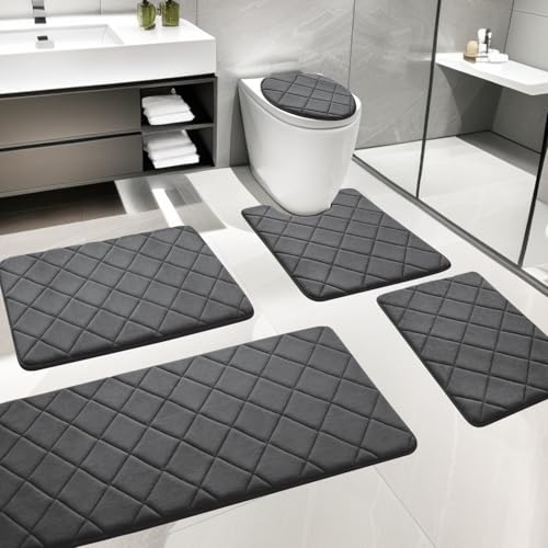 Bathroom Rugs Set 5 Piece, Soft Non Slip Memory Foam Bathroom Rugs, Machine Wash Grey Bath Room Mat Set, Water Absorbent Bath Rug for Toilet and Floor（Dark Grey） - color: Dark Grey, size: 5 pieces