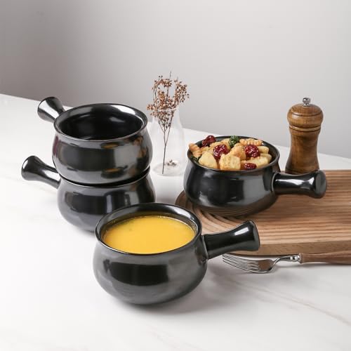 vicrays French Onion Soup Bowls With Handles, 26 Ounce for Soup, Chili, Beef Stew, Chip Resistant, Dishwasher Microwave Safe, Set of 4 (Black) - color: Black