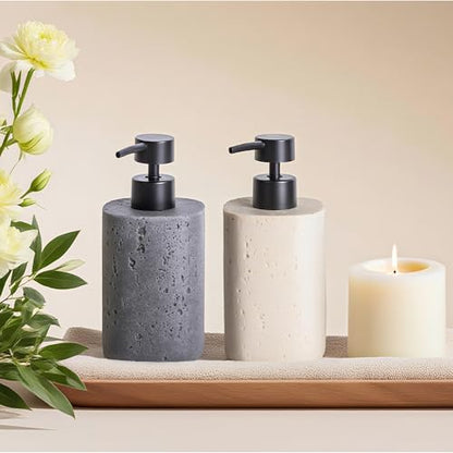 Clasin Home 2 Pack Beige Resin Soap Dispensers, Refillable Liquid Lotion Dispenser Bottles with Travertine-Look for Bathroom and Kitchen Countertop, Modern Stone Texture (10.8 oz) - color: Beige