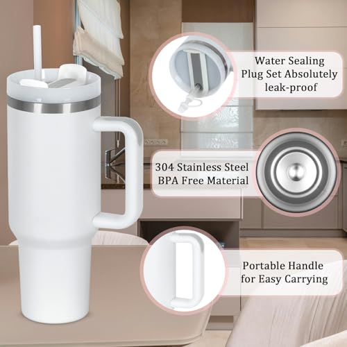 4 Pack 40 Oz Tumbler with Handle Bulk, Double Wall Vacuum Insulated Stainless Steel Tumbler with Lid and Straw, 40 oz cup with Silicone Spill Proof Stopper Set (White) - color: White
