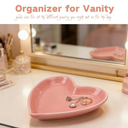 Pink Jewelry Dish Heart Ring Key Holder Trinket Tray Ceramic Jewelry Dish Small Ring Plate Catch All Tray Cute Trinkets Dish - color: Pink