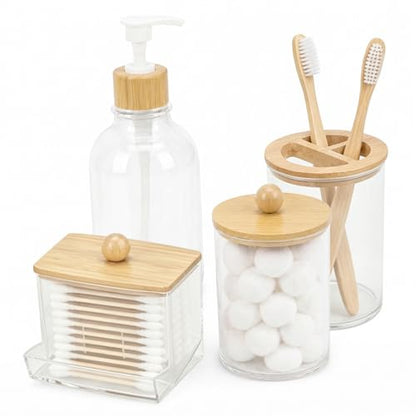 Bamboo Bathroom Accessories Set 4 Pcs, 1 Qtip Holder,1 Soap Dispenser, 1 Toothbrush Holder, 1 Cotton Swab/Ball/Pad Container