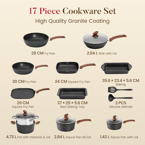 Kitchen Academy 17Pcs Pots and Pans Set, Black | Non Stick, Induction Cookware - color: Black, size: 17 PCS Cookware Set