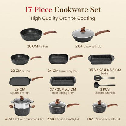 Kitchen Academy 17Pcs Pots and Pans Set, Black | Non Stick, Induction Cookware - color: Black, size: 17 PCS Cookware Set