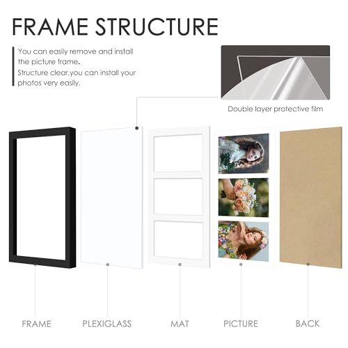 DUENPY 8x16 Collage Picture Frame, 5x7 Collage Picture Frame Displays Three 5x7 inch Photos, or 8x16 (Without Mat) for Available Horizontal Wall Mounting Display and Vertical, Black. | Wall Mount Display, Horizontal & Vertical, 8x14 (Without Mat) Photo Fr