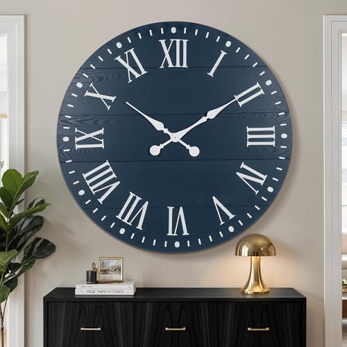 35.5" Large Wall Clock, Decorative Shiplap Clock with Roman Numeral | Farmhouse Round Wall Clocks Nearly Non-Ticking for Living Room Decor, Office, Bedroom, Entrance, Blue - color: Blue
