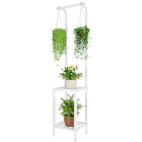 IBUYKE 67 Inch Tall Plant Stand Indoor Outdoor, 3 Tier Metal Hanging Plant Shelf for Multiple Plant, Heavy Duty Plant Holder Flower Stand for Living Room Patio Balcony Garden, White TMJ076W - color: White