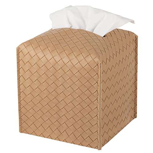 zoocatia Tissue Box Cover PU Leather Tissue Holder Square Facial Tissue Case Facial Paper Organizer Dispenser for Bathroom, Vanity Countertop, Tabletop, Car, Khaki | PU Leather，Easy to Fill, Easy Clean, Decorative Cube Tissue Box Holder for Office, Bathro