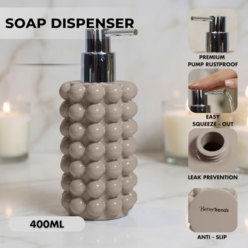 Better Trends Bathroom Accessories Set 3 Pieces Resin Bubble Textured Soap Dispenser, Toothbrush Holder & Tumbler for Vanity, Kitchen Sink & Countertop Organization Beige Nova Collection - color: Beige