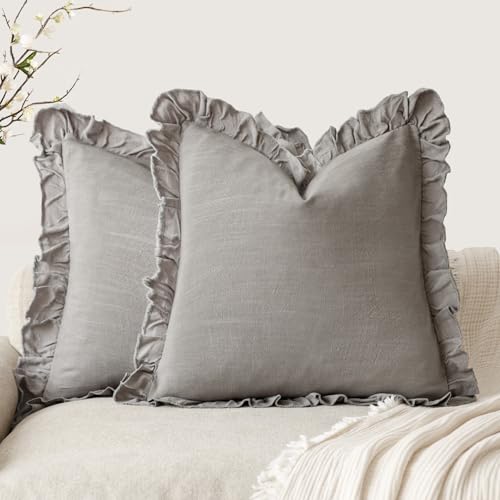 Foindtower Set of 2 Decorative Linen Fringe Ruffle Throw Pillow Covers Soft Boho Farmhouse Cushion Cover Cozy Accent Retro Pillowcase for Couch Sofa Bed Living Room Home Decor,18×18 Inch,Taupe Gray - color: Cinder, size: 18" x 18" (Pack of 2)