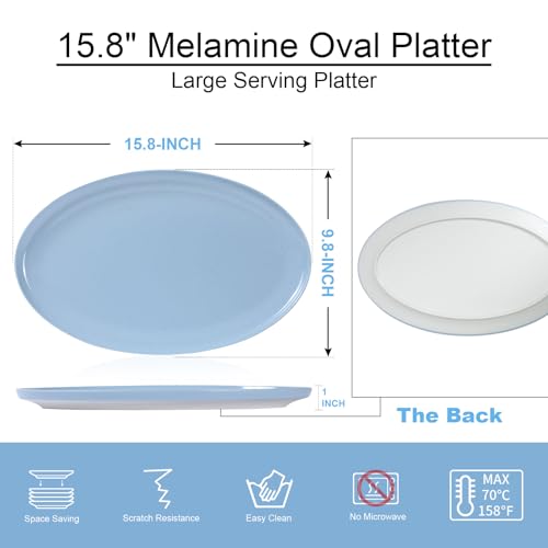 Webbylee ‌16" Melamine Oval Platter Set of 2- Lightweight Durable Serving Tray for Party, Catering & Home | Dishwasher Safe, Fits Turkey/Charcuterie-Blue & Beige - color: Cream-Blue / 16-O, size: 15.8-inch