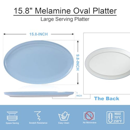Webbylee ‌16" Melamine Oval Platter Set of 2- Lightweight Durable Serving Tray for Party, Catering & Home | Dishwasher Safe, Fits Turkey/Charcuterie-Blue & Beige - color: Cream-Blue / 16-O, size: 15.8-inch