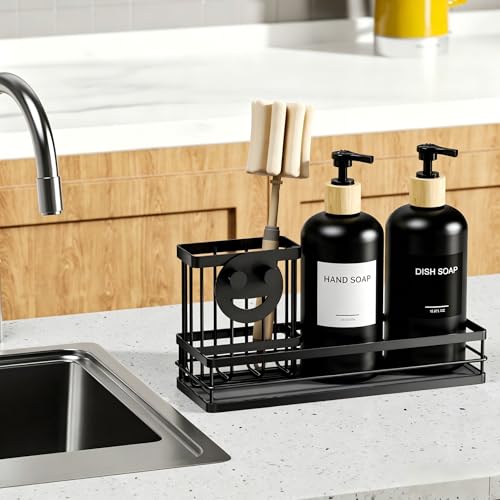 Moforoco Kitchen Dish Soap Dispenser Set, 16OZ Glass Bottle, Hand and Dish Soap Dispenser Set, Instant Dry Tray, Brush Holder with Smiley Face Sponge Holder (Black Tray+Black Bottle+Labels) - color: Black Tray+black Bottle+labels