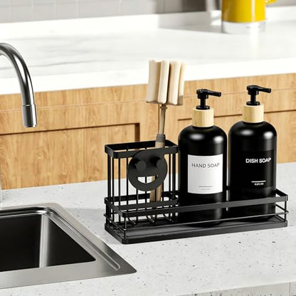 Moforoco Kitchen Dish Soap Dispenser Set, 16OZ Glass Bottle, Hand and Dish Soap Dispenser Set, Instant Dry Tray, Brush Holder with Smiley Face Sponge Holder (Black Tray+Black Bottle+Labels) - color: Black Tray+black Bottle+labels