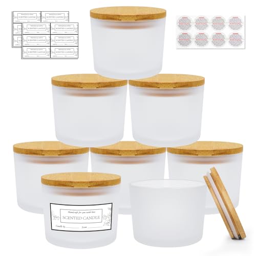 CONNOO 8 Pack 12 OZ Frosted Glass Wide Mouth Candle Jars | Airtight Bamboo Lids, Sticky Warning Labels, Empty Container Bulk, Dishwasher Safe - color: Frosted