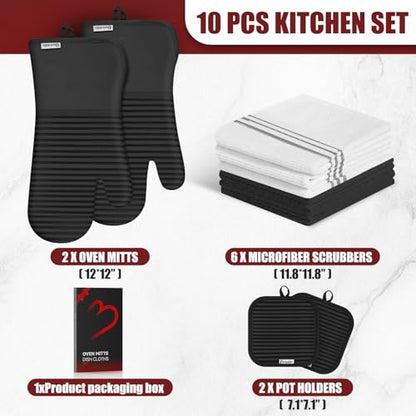 Oven Mitts and Pot Holder Sets with Silicone Grip, 500°F Heat Resistant-6 Pack Dishcloth/Dish Towels for Kitchen 100% Cotton-Value Kitchen Essentials for Cooking, Baking, Grilling-Black - color: Black