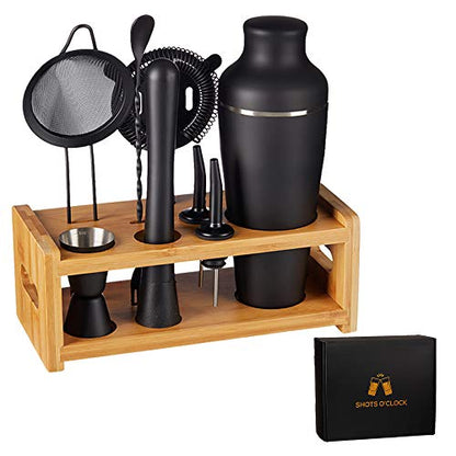 9-Piece Cocktail Shaker Bartender Kit with Stand, Matte Black Bar Tools | Boston Shaker, Mixing Spoon, Muddler, Measuring Jigger, Mesh & Regular Strainer, Liquor Pourers & More Professional Tools