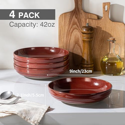 HAPPY KIT 9'' Pasta Bowls, 42oz, Stoneware Set of 4, DarkRuby - color: DarkRuby