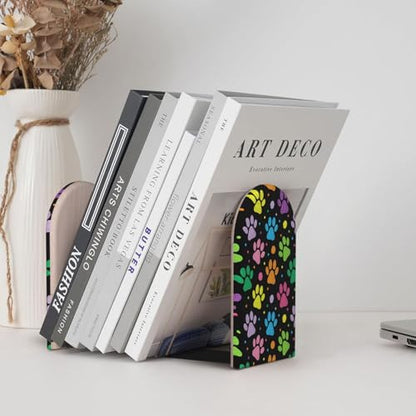 Wood Bookends for Shelves, Dog Paw Print Decorative Non-Slip Book Ends for Office Home Decor, Aesthetic Book Stopper/Stands/Holder, Book Dividers, Desk Organizers