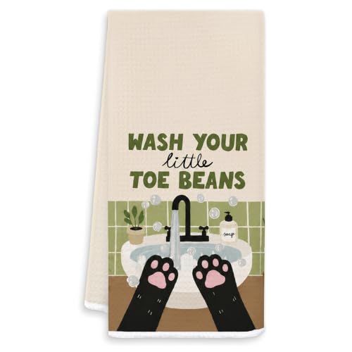 Funny Black Cat Bathroom Hand Towels 16x24 in YSZ-t | Cat Lover Mom Lady Gifts, Wash Your Little Toe Beans Green Plant Decorative Hand Towels for Kids Bathroom - color: White-funny Cat