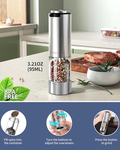 CIRCLE JOY Electric Pepper Grinder Stainless Steel Rechargeable Pepper Mill with External Adjustable Coarseness, 95ml Container and White LED Light, Silver - color: Rechargeable