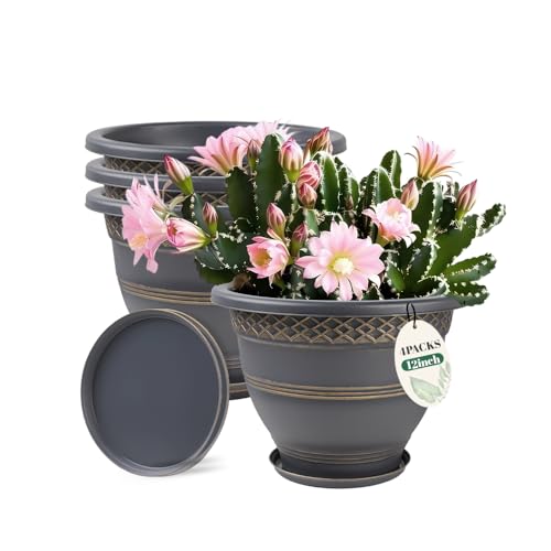 12 Inch Plaid Plant Pots 4 Pack with Drainage and Saucers Gold | Gold plaid PP pots with drainage holes and saucers for flowers herbs pothos aloe patio porch garden - color: Gold, size: 12 Inches-4 packs
