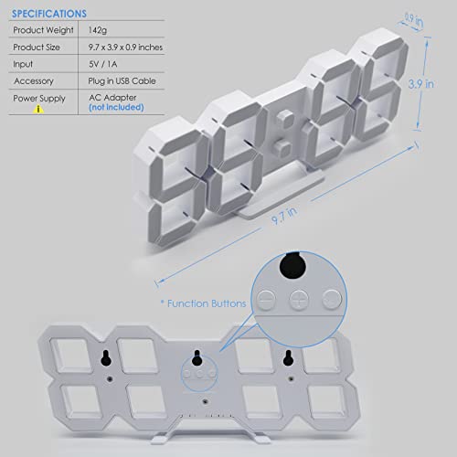3D LED Digital Wall Clock ,9.7", Large Display Table/ Desk Clock with Remote Control 12/24H Temperature (White Light) - color: 9.7in Clock-white Light