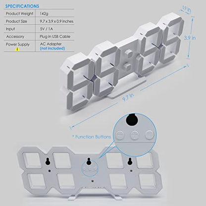 3D LED Digital Wall Clock ,9.7", Large Display Table/ Desk Clock with Remote Control 12/24H Temperature (White Light) - color: 9.7in Clock-white Light