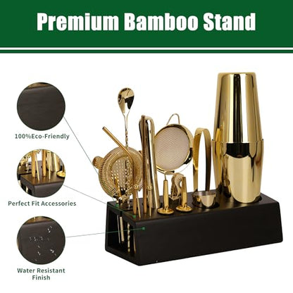 15-Piece Gold Cocktail Shaker Set Bartender Kit with Bamboo Stand | Stainless Steel Bar Set Accessories, Professional Bartending Kit Home Bar Tools Set with Recipes (Gold, Black Stand) - color: Gold, size: Black Stand