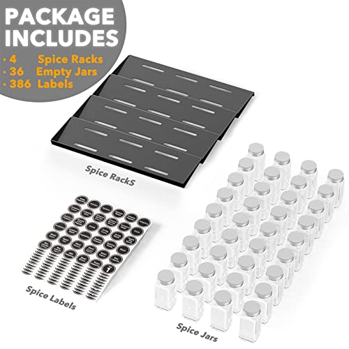 SpaceAid Spice Drawer Organizer with 36 Spice Jars, 386 Spice Labels, 4 Tier Seasoning Rack Tray Insert for Kitchen Drawers, 16.75" Wide x 17.5" Deep - size: 36 Jars, 16.75" Wide