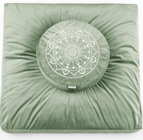 Hihealer Meditation Cushion, Traditional Tibetan Meditation Pillow Velvet Cover - Large Floor Cushion Seating for Adults - Yoga Buckwheat Bolster for Women、Moms - color: Serenity Green(set)