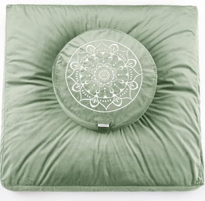Hihealer Meditation Cushion, Traditional Tibetan Meditation Pillow Velvet Cover - Large Floor Cushion Seating for Adults - Yoga Buckwheat Bolster for Women、Moms - color: Serenity Green(set)