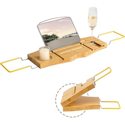 Dreamland Bamboo Bathtub Tray Caddy | Light bamboo material, cross tub design, bathroom bath supplies storage - color: Bamboo Natural - B, size: Medium
