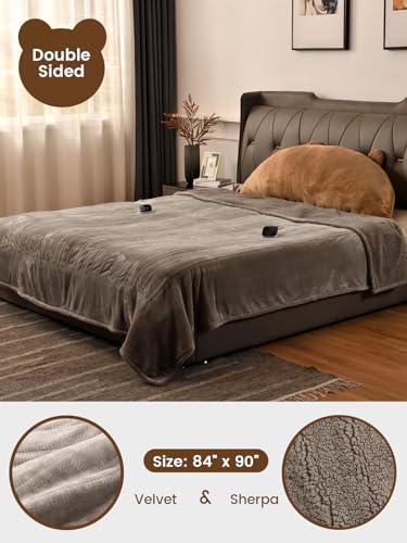 Bearhug Electric Blanket Queen Size with Dual Controls, 10 Heat Levels & 1-12H Auto Shut-Off, Fast Heating Soft Velvet to Sherpa Heated Blanket for Couples, Machine Washable, Taupe - color: Taupe-velvet & Sherpa, size: Queen Size 84" × 90"