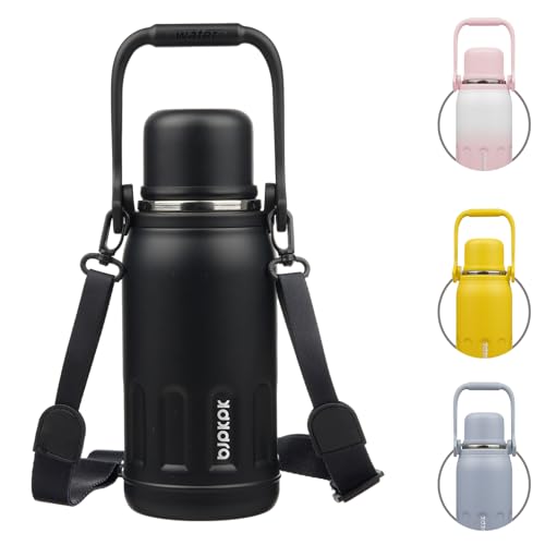 BJPKPK Stainless Steel Insulated Bottle with Handle & Strap, 27oz | Leak-proof vacuum insulation keeps drinks cold/hot for hours. BPA-free, dishwasher safe. Includes handle & strap. Black. - color: Black, size: 27 Ounces