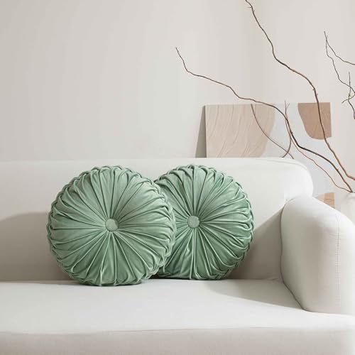 HIG Set of 2 Sage Velvet Decorative Round Pleated Throw Pillows | Vintage Floor Pillows, Classy Accent Pumpkin with Center Button, for Sofa Couch Vanity Chair Bed, 14.5" Diameter - color: Sage, size: 2 Count (14.5 Inch Diameter)