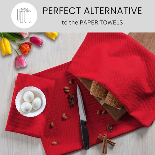 Waffle Kitchen Towels 100% Cotton Set of 4-320 GSM Quality - Soft Absorbent Durable Washable Dish Cleaning Towel for Kitchen & Home - Quick Drying Dish Towel 16x26 inch Red - color: Red