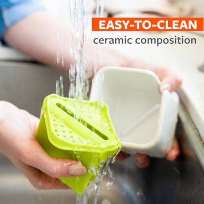 Full Circle Sinkside Ceramic Cleaning Station - Kitchen Sink Caddy & Sponge Holder, Countertop Organizer for Dish Brushes & Scrubbers - Dishwasher Safe, Rustproof, Compact Design, White