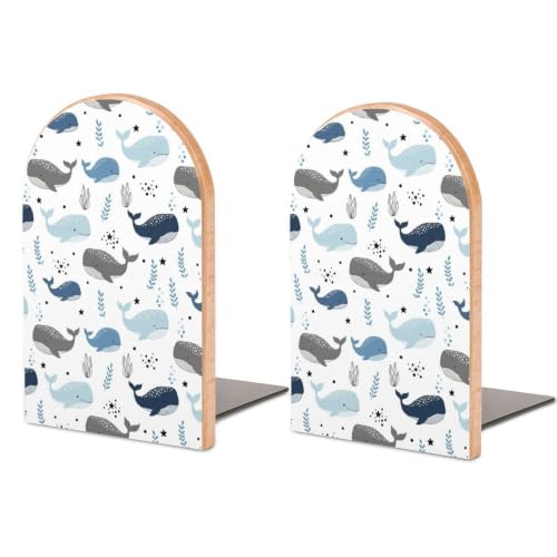 2 Pcs Wood Book Ends for Shelves Metal Base Bookends Holders, Shark Whales | Decorative Book Stopper, Heavy Duty and Non-Skid, Support for Magazines, Books, DVDs - color: Style(638)