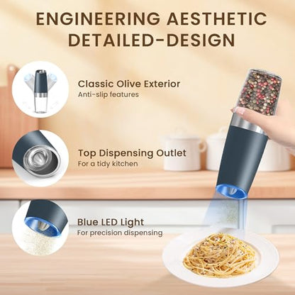 Battery Gravity Salt Pepper Grinder Set, 2 Pack (Grey) | Gravity Automatic Grinder With LED Light & Adjustable Roughness, Each Requires 6 AAA Batteries For Kitchen Daily Seasoning - color: Battery/Set/ Grey