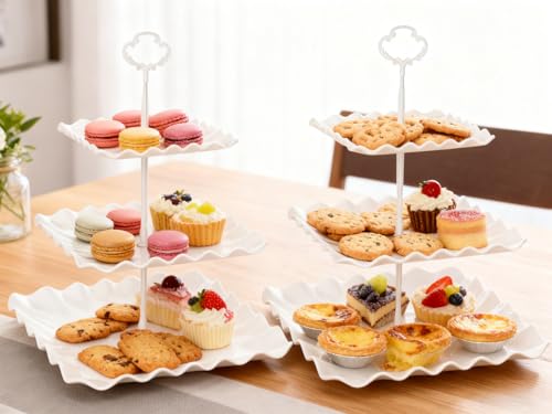 2 Pack of White Square Dessert Cupcake Stand, 3 Tiered Plastic Serving Tray | 3 Tier Cup Cake Holder Tower for Tea Party/Birthday/Wedding - color: White