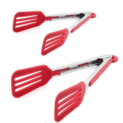 Cooking Tongs 9" and 12" Stainless Steel Kitchen Silicone Serving Tongs | Heat Resistant Meat Turner Spatula Tong Fish Tongs for Grilling Steak Salad Pasta Buffet Serving (Red) - color: Red, size: 9 & 12 inch