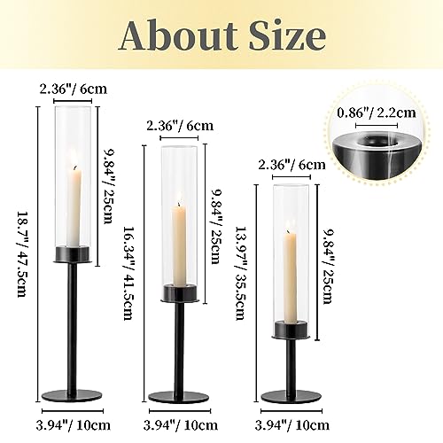 Hewory Black Candlestick Holders Hurricane Candle Holder, 12Pcs Candle Stick Candle Holder Candelabra, Taper Candle Holders with Glass Candle Cover for Wedding Table Centerpiece Christmas Decor | Elegant Tall Taper Candle Holders at 3 different heights, T